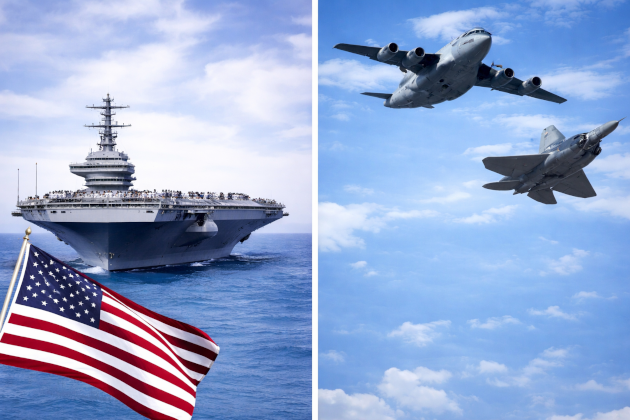 Naval carrier and warplanes with the American flag.